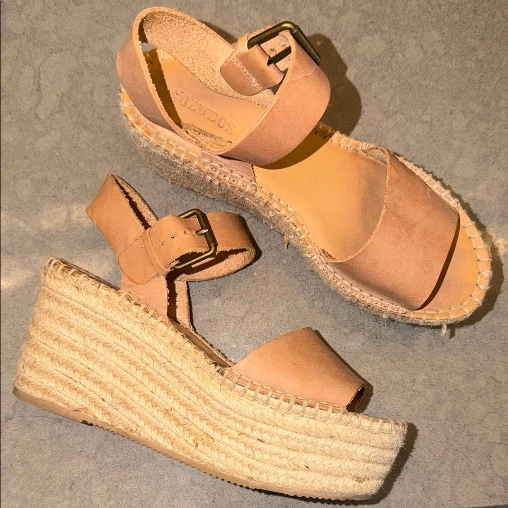 Soludos Tan Leather Platform Wedge Espadrilles | Minorca Boho Sandals | Size 6